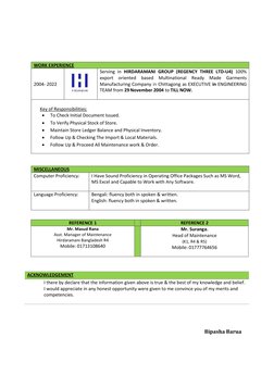 WORK EXPERIENCE 
 
 
2004- 2022 
 
Serving in HIRDARAMANI GROUP (REGENCY THREE LTD-U4) 100% 
export o