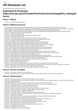 Print
API Standards List
American Petroleum Institute (http://www.api.org/) (http://www.api.org/) (API)
Exploration & Produc