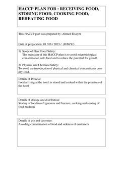 HACCP PLAN FOR : RECEIVING FOOD, 
STORING FOOD, COOKING FOOD, 
REHEATING FOOD 
 
 
 
This HACCP plan was prepared by: A