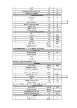3
Height
4.00
m
4
Area
0.0
m3 
5
Diameter for flocculation zone
0.0
m
6
Actual Area provided
0.00
m2
HRSCC DIMENSIONS
1
Total