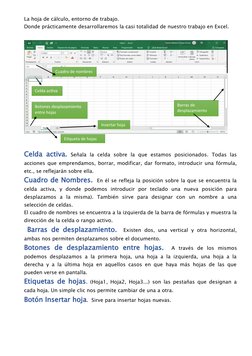 La hoja de cálculo, entorno de trabajo. 
Donde prácticamente desarrollaremos la casi totalidad de nuestro trabajo en Excel.
C
