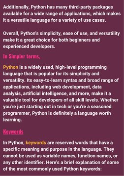 Additionally, Python has many third-party packages
available for a wide range of applications, which makes
it a versatile lan