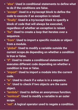 "else": Used in conditional statements to define what
to do if the conditions are false.
"except": Used in a try/except block