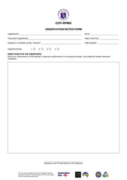 Rcot Reflection Template.pdf COT-RPMS Observation Notes Form | PDF