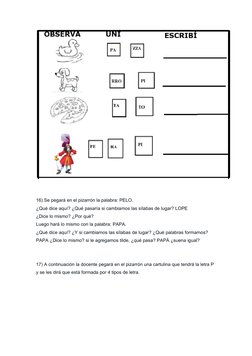16) Se pegará en el pizarrón la palabra: PELO.
¿Qué dice aquí? ¿Qué pasaría si cambiamos las sílabas de lugar? LOPE
¿Dice lo