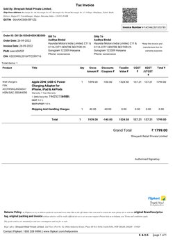 E. & O.E.
page 1 of 1
*Keep this invoice and 
manufacturer box for 
warranty purposes.
Ship To
Aaditya Bindal 
Hyundai Motors