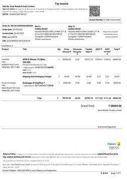 E. & O.E.
page 1 of 1
*Keep this invoice and 
manufacturer box for 
warranty purposes.
Ship To
Aaditya Bindal 
Hyundai Motors