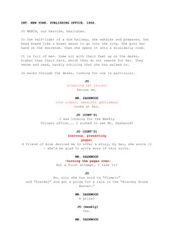 INT. NEW YORK. PUBLISHING OFFICE. 1868.
JO MARCH, our heroine, hesitates.
In the half-light of a dim hallway, she exhales and