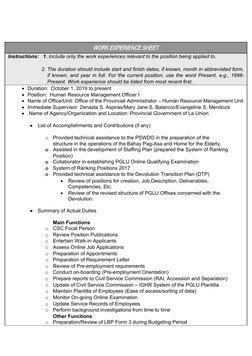 WORK EXPERIENCE SHEET
 Instructions:   1. Include only the work experiences relevant to the position being applied to.
2. The