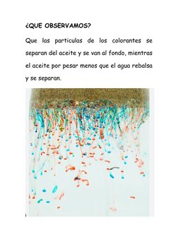 ¿QUE OBSERVAMOS?
Que  las  particulas  de  los  colorantes  se
separan del aceite y se van al fondo, mientras
el aceite por p