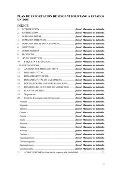2 
PLAN DE EXPORTACIÓN DE SINGANI BOLIVIANO A ESTADOS 
UNIDOS  
INDICE 
1. 
INTRODUCCIÓN. .................................