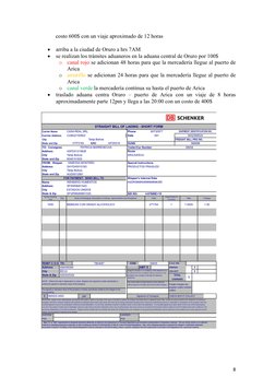 8 
costo 600$ con un viaje aproximado de 12 horas  
• arriba a la ciudad de Oruro a hrs 7AM  
• se realizan los trámites ad
