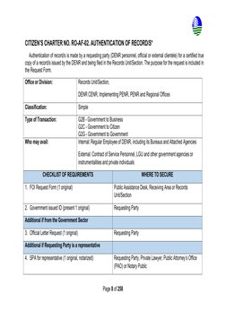 Page 8 of 258
CITIZEN’S CHARTER NO. RO-AF-02. AUTHENTICATION OF RECORD/S*
Authentication of record/s is made by a requesting