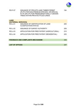 Page 2 of 258
RO-F-07
ISSUANCE OF PRIVATE LAND TIMBER PERMIT
(PLTP) FOR NON-PREMIUM SPECIES, OR SPECIAL
PLTP (SPLTP) FOR PREM