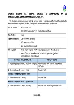 Page 4 of 258
CITIZEN’S
CHARTER
NO.
RO-AF-01.
ISSUANCE
OF
CERTIFICATION
OF
NO
RECORDS/APPEAL/MOTION FOR RECONSIDERATION, ETC.