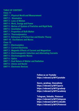 TABLE OF CONTENT:
Class 11
UNIT 1 : Physical World and Measurement
UNIT 2 :  Kinematics
UNIT 3 : Laws of Motion
UNIT 4 : Work