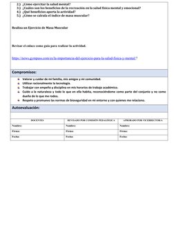 2.) ¿Cómo ejercitar la salud mental?
3.) ¿Cuáles son los beneficios de la recreación en la salud física mental y emocional?
4