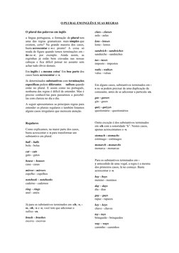 O PLURAL EM INGLÊS E SUAS REGRAS
O plural das palavras em inglês
a língua portuguesa, a formação do plural tem
uma  das  regr