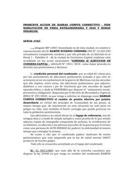 PROMUEVE ACCION DE HABEAS CORPUS CORRECTIVO - PIDE 
HABILITACION DE FERIA EXTRAORDINARIA Y DIAS Y HORAS 
INHABILES.