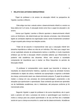 4
1
RELATO DAS LEITURAS OBRIGATÓRIAS
Papel  do  professor  e  do  ensino  na  educação  infantil  na  perspectiva  de
Vigotsk