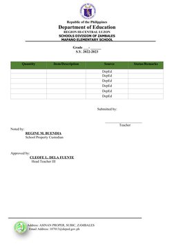 Deped Inventory Samples Classroom Inventory Template for DepEd | PDF | Government | Social ...