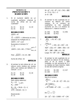 SEMANA 12 
POTENCIACIÓN Y 
RADICACIÓN 
 
1. 
Si 
el 
numeral 
aann 
es 
un 
cuadrado perfecto; ¿Calcule la 
suma 
de