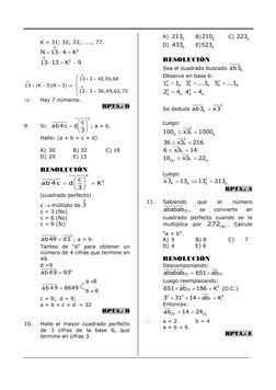 K = 31; 32; 33;…….; 77. 
0
2
N
13 4
K



 
0
2
13 13
K
9



 
 
 
 
 
 
 
Hay 7 números. 
    
RPTA.: D 
 
9