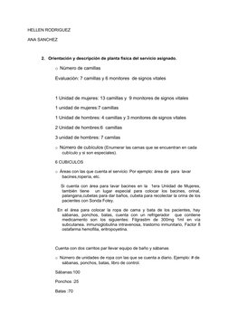 HELLEN RODRIGUEZ
ANA SANCHEZ
 
2.     Orientación y descripción de planta física del servicio asignado.
o   Número de camilla