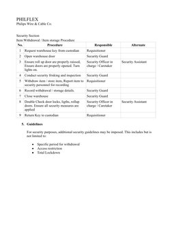 PHILFLEX
Philips Wire & Cable Co.
Security Section
Item Withdrawal / Item storage Procedure
No.
Procedure
Responsible
Alterna