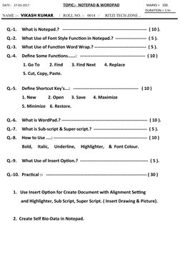 DATE:-   27-03-2017                                             TOPIC:-  NOTEPAD & WORDPAD                            MARKS =