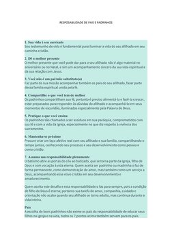 RESPOSABILIDADE DE PAIS E PADRINHOS
1. Sua vida é seu currículo
Seu testemunho de vida é fundamental para iluminar a vida do