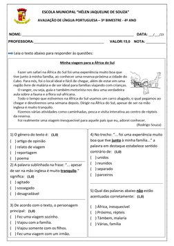 AVALIAÇÃO DE LÍNGUA PORTUGUESA – 3º BIMESTRE - 4º ANO
                 
 NOME: ______________________________________________