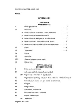OAXACA DE JUAREZ JUNIO 2023
INDICE
INTRODUCCION
 
CAPITULO 1
ANTECEDENTES
l                     Datos geográficos.
