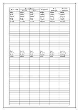 Base Verb
Present Tense
Past Tense
Past
Participle
Present
Continuous
Singular
Plural
bake
bakes
bake
baked
baked
baking
cook
