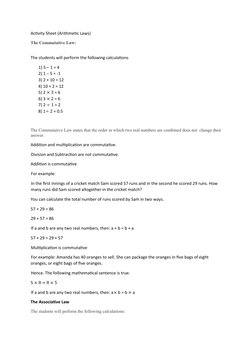 Activity Sheet (Arithmetic Laws)  
The Commutative Law: 
The students will perform the following calculations  
1) 5− 1 = 4