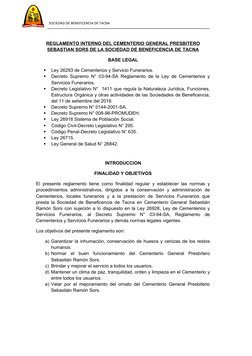 SOCIEDAD DE BENEFICENCIA DE TACNA
REGLAMENTO INTERNO DEL CEMENTERIO GENERAL PRESBITERO
SEBASTIA