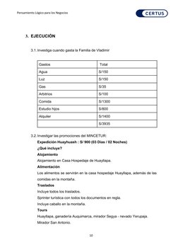 Pensamiento Lógico para los Negocios 
3. EJECUCIÓN
3.1.Investiga cuando gasta la Familia de Vladimir 
Gastos 
 Total
Agua 
S/