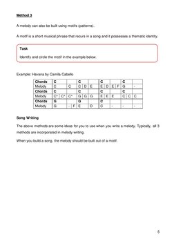 5 
 
 
Method 3 
A melody can also be built using motifs (patterns).  
A motif is a short musical phrase that recurs in a son