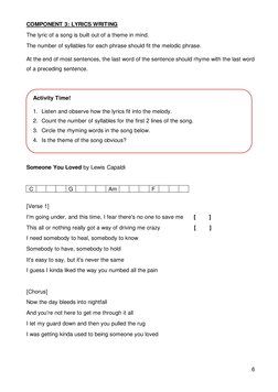 6 
 
 
COMPONENT 3: LYRICS WRITING 
The lyric of a song is built out of a theme in mind.  
The number of syllables for each p