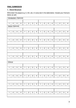 8 
 
 
FINAL SUBMISSION 
1. Chord Structure 
Write down the chord (e.g. C, Am, etc.) in every bar in the table below. Include