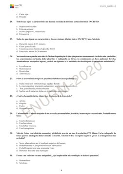 4
Grupo CTO
Medicina
SIM05_RMD2020
ENURM-2020
c.	 Carne roja
d.	 Pescado
24.	
Todo lo que sigue es característico de diarrea