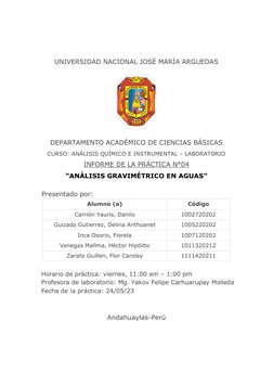 UNIVERSIDAD NACIONAL JOSÉ MARÍA ARGUEDAS  
 
DEPARTAMENTO ACADÉMICO DE CIENCIAS BÁSICAS 
CURSO: ANÁLISIS QUÍMICO E INSTRUMENT