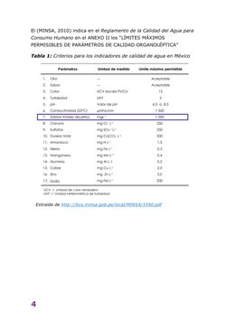 4 
El (MINSA, 2010) indica en el Reglamento de la Calidad del Agua para 
Consumo Humano en el ANEXO II los “LÍMITES MÁXIMOS