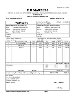 Triplicate for Supplier
GSTIN : 20BDMPS2722M2ZD
PAN NO. : BDMPS2722M
Invoice Number & Date
RRM/02
01.05.2023
Transaction Type