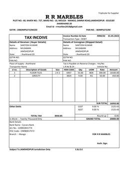 Triplicate for Supplier
GSTIN : 20BDMPS2722M2ZD
PAN NO. : BDMPS2722M
Invoice Number & Date
RRM/02
01.05.2023
Transaction Type