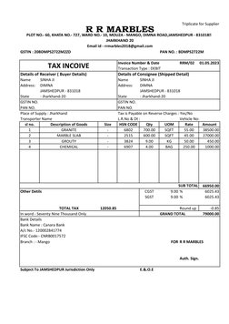 Triplicate for Supplier
GSTIN : 20BDMPS2722M2ZD
PAN NO. : BDMPS2722M
Invoice Number & Date
RRM/02
01.05.2023
Transaction Type