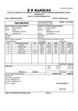Triplicate for Supplier
GSTIN : 20BDMPS2722M2ZD
PAN NO. : BDMPS2722M
Invoice Number & Date
RRM/02
01.05.2023
Transaction Type