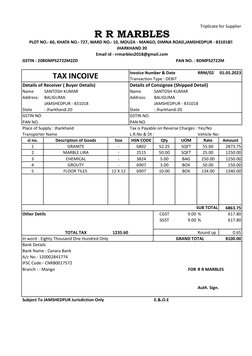 Triplicate for Supplier
GSTIN : 20BDMPS2722M2ZD
PAN NO. : BDMPS2722M
Invoice Number & Date
RRM/02
01.05.2023
Transaction Type