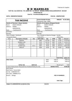 Triplicate for Supplier
GSTIN : 20BDMPS2722M2ZD
PAN NO. : BDMPS2722M
Invoice Number & Date
RRM/02
01.05.2023
Transaction Type