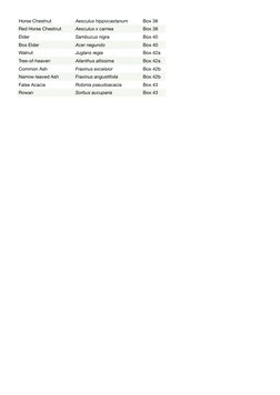 Horse Chestnut 
Aesculus hippocastanum 
Box 38
Red Horse Chestnut 
Aesculus x carnea 
Box 38
Elder 
Sambucus nigra 
Box 40
Bo
